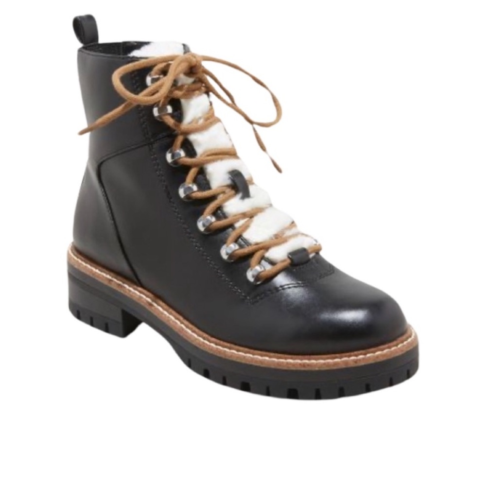 a new day Black Leather Lace-Up Ankle Boots with White Shearling